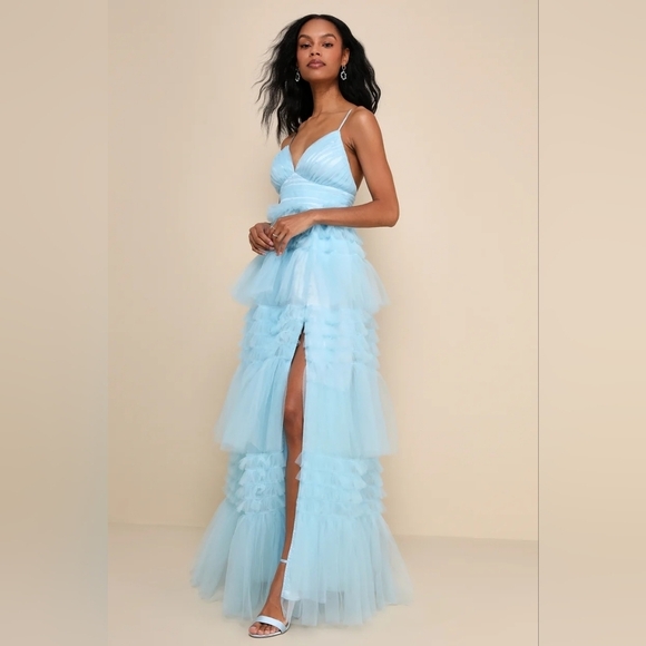 Lulus Gorgeous Statement Blue Tulle Tiered Ruffled Maxi Dress L Party Prom - Picture 3 of 9